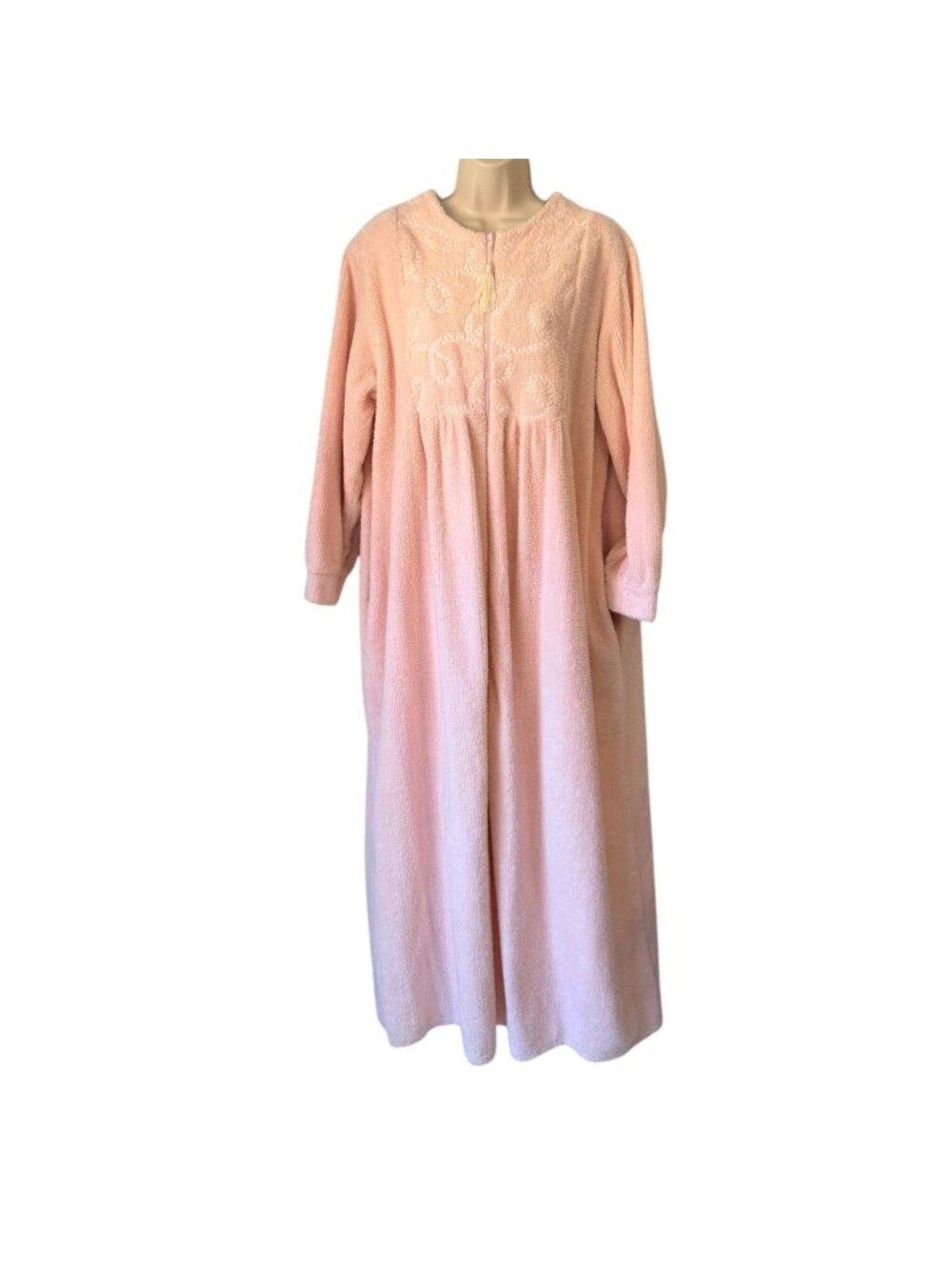 Vintage Stan Herman Pink Cotton Housecoat Embroidered Lounge Robe Maxi Dress 80s